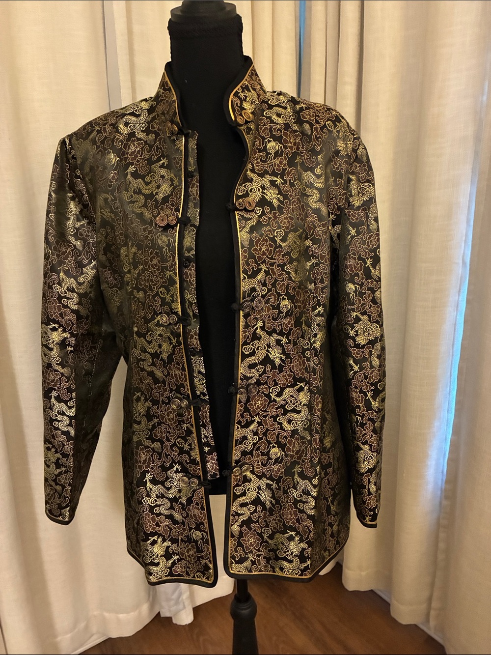 Embroidered Brocade Mandarin Jacket in Black and Gold